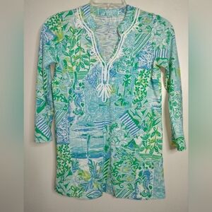 Lilly Pulitzer (Size XS) Multicolor Cotton V-Neck Applique Trim LS Tunic Shirt